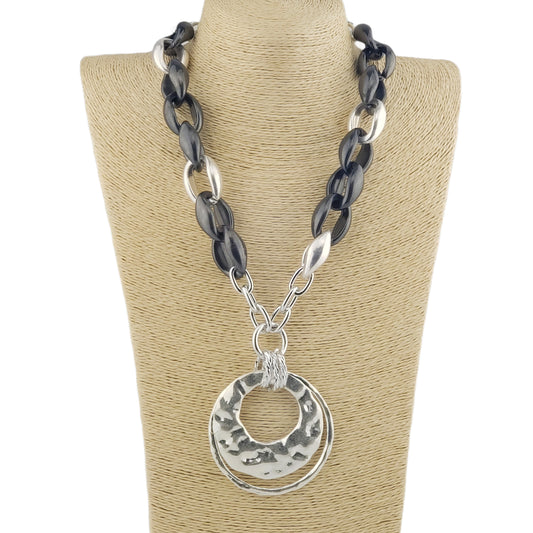 Silver and Gunmetal Link Chain and Hammered Pendant